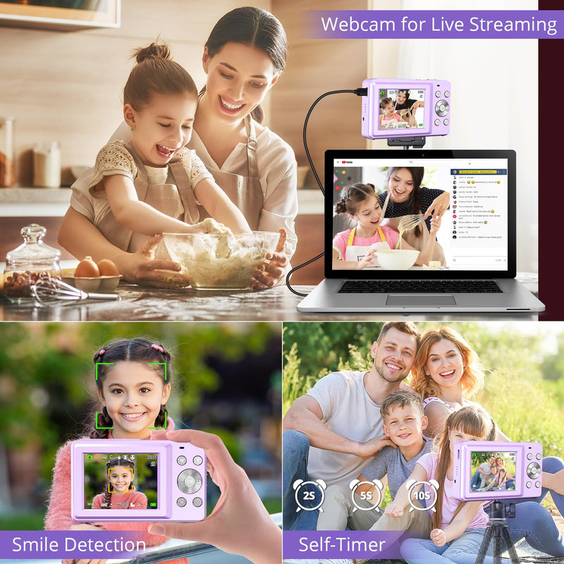 Digital Camera, 1080P 44MP Digital Cameras for Photography, Digital Point and Shoot Camera for Kids with 16X Zoom, Anti-Shake, Compact Small Travel Camera for Boys Girls Teens, Black Purple