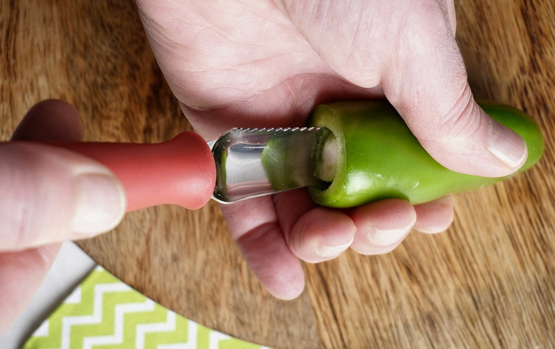 RSVP International Endurance Collection Vegetable Core & Seed Remover, Tomato, Zucchini, Jalapeno Pepper Corer Tool, Dishwasher Safe, 8.25" Overall Length, Stainless Steel Blade, Red Handle