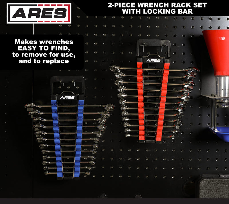 ARES 62043 – 2-Piece Wrench Rack Set with Locking Bar - SAE Rack Holds 1/4-Inch to 1-Inch Sizes - Metric Holds 6 to 25mm Sizes – Locking Metal Clip Secures Wrenches 2-Piece Magnetic Wrench Rack with Locking Bar Red & Blue