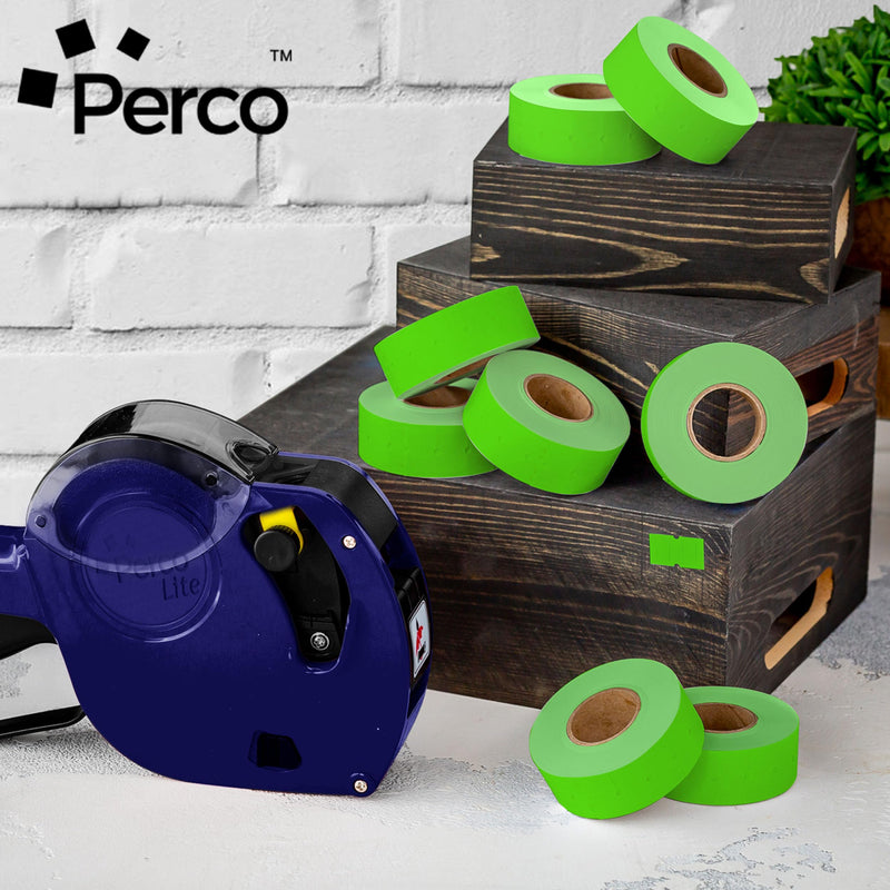 Perco 1 Line Fluorescent Green Labels - 8 Rolls, 1 Sleeve, 8,000 Blank Price and Date Gun Labels for Perco Lite, X, Plus and Pro 1 Line Price and Date Guns - Made in USA