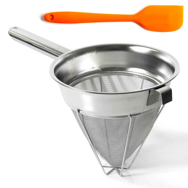 Bouillon Strainer - Stainless Steel Fine Mesh Metal Food Chinois, Cone Separator, Kitchen Colander Sieve for Sauce Jam Jelly Tea, 8" - With Spatula