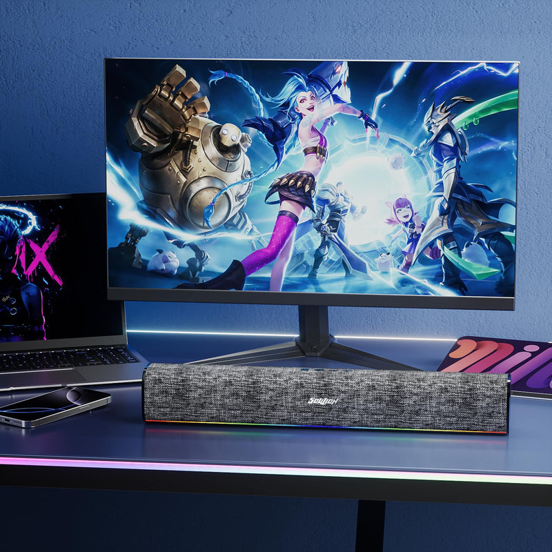 SOULION R100 Plus Computer Speakers with Dynamic RGB Light, Rechargeable Bluetooth Speaker with Switch Button, Clearly Sound Soundbar for Desktop Monitor, PC, Tablets(3.5mm Aux Connection Included)