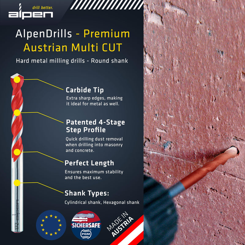 ALPEN 5-Piece Multi-Material Drill Bit Set – Tungsten Carbide Multicut, Drills Tile, Masonry, Metal, Wood & Plastic with One Bit – No Bit Changes – Austrian Engineering 5 PCS Set Cylindrical Shank