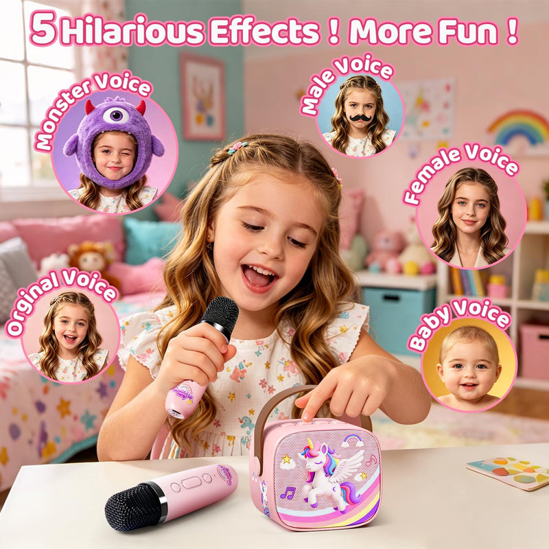Unicorn Karaoke Machine for Kids, Clear&Loud Sound Portable Mini Karaoke Machine+2 Wireless Microphones for Kids, 4 Voice Changers+Bluetooth, Birthday Gifts for 2-8 Year Old Girls Unicorn Gifts