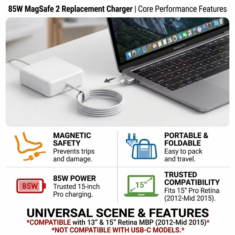 UL Certified 85W MacBook Pro Charger Replacement, MagSafe 2 T-Tip Power Adapter Compatible with MacBook Pro 15 Inch Retina Display (Late 2012, 2013, 2014, Mid 2015), Fit for A1398, A1424