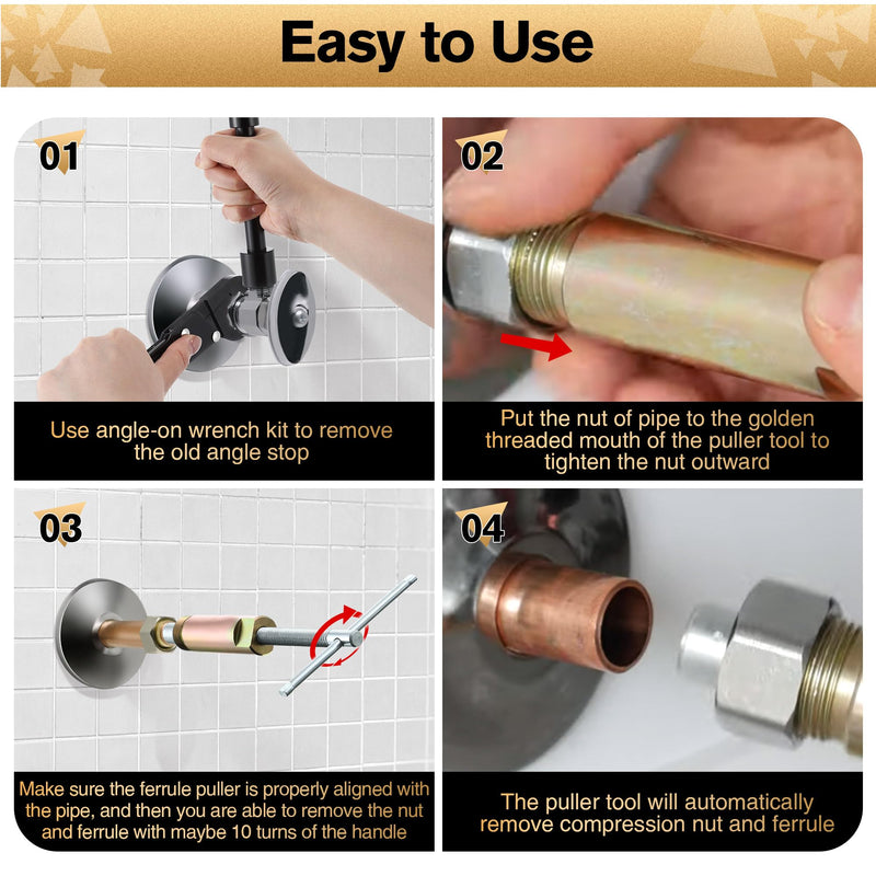 Feekoon 3 in 1 Plumbing Tools Angle Stop Wrench Kit with Compression Sleeve Puller Tool, Plumber Wrench Kit for Install Angle Stop & Nut, Compression Ring Removal Tool for Remove Nut & Ferrule