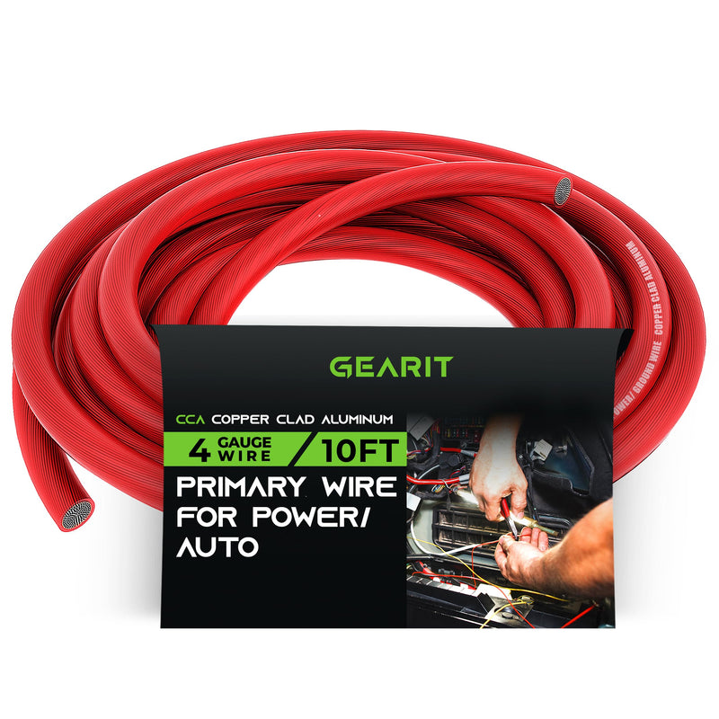 GearIT 4 Gauge Wire (10ft - Red Translucent) Copper Clad Aluminum CCA - Primary Automotive Wire Power/Ground, Battery Cable, Car Audio Speaker, RV Trailer, Amp, Electrical 4ga AWG 10 Feet Red - 10ft