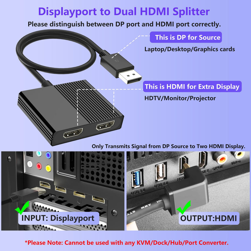 HDMI Splitter Extended Display, DisplayPort to Dual HDMI Adapter for 2 Monitors, DP Source to HDMI Splitter 1 in 2 Out, Display Port Splitter MST Hub for Desktop Laptop NVIDIA AMD Graphics Card Black