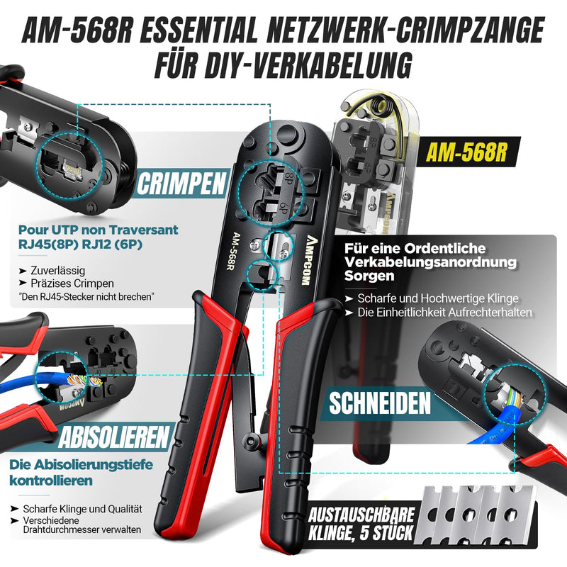 AMPCOM Ethernet Crimping Tool Kit 10-in-1 RJ45/RJ11 Network Tool Kit with RJ45 Tester for Cat6/Cat5e/Cat5 RJ45 Connectors, Includes 110 Punch Down Tool & Wire Stripper, Portable Waterproof Bag 568R All in 1