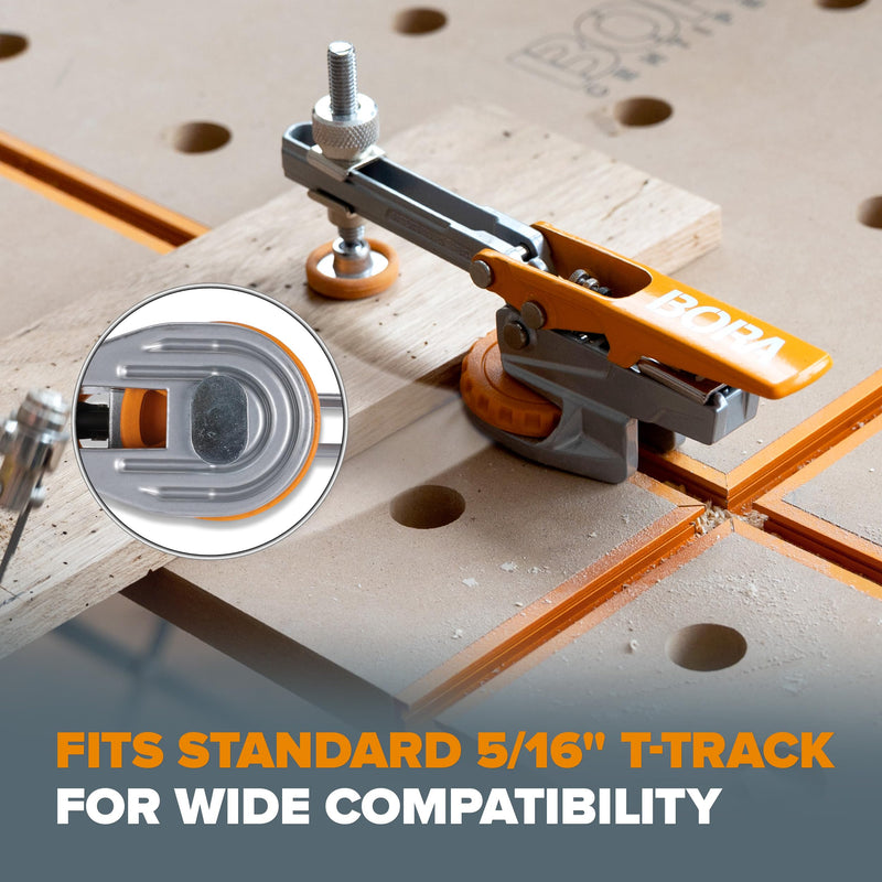 BORA Auto Adjust Hold Down Clamp Fits Standard 5/16-inch T Track - Universal T Slot Toggle Clamp for Woodworking Rotates 360 Degrees for Clamping Projects - BR-G050101 Horizontal T-Track Clamp