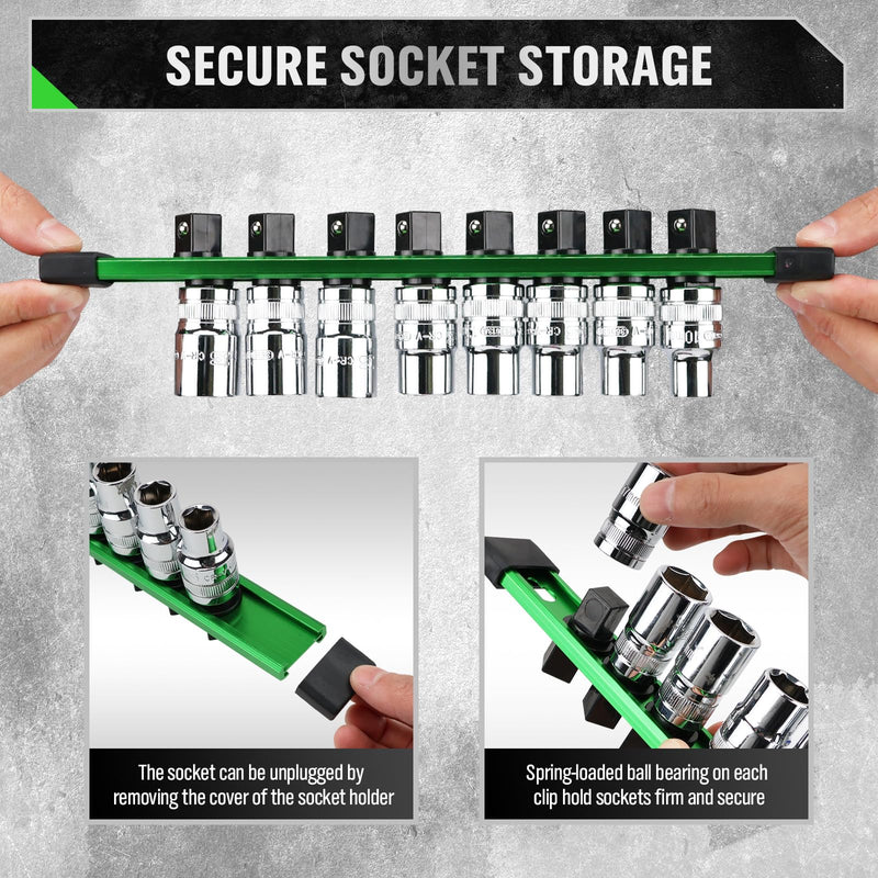 6-piece Socket Organizer Storage Set, 1/4-Inch, 3/8-Inch, 1/2-Inch Double Sided Aluminum Alloy Socket Holder Rail, Drive Socket Trays Holds 108 Sockets, 360° Swivel Clip Socket Holder Kit for Tool Box