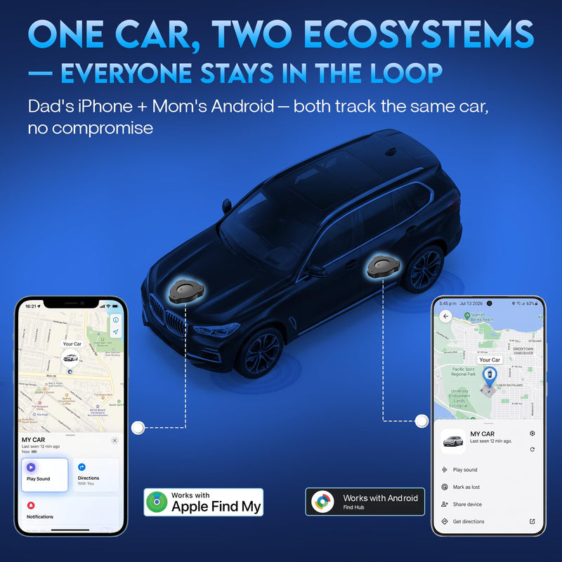 Car Tracker Device No Subscription 2 Pack, Magnetic GPS Tracker for Vehicles Hidden, Dual System Compatible with Find My and Find Hub, Bluetooth Locator, 12-Month Battery, AirTag Alternative