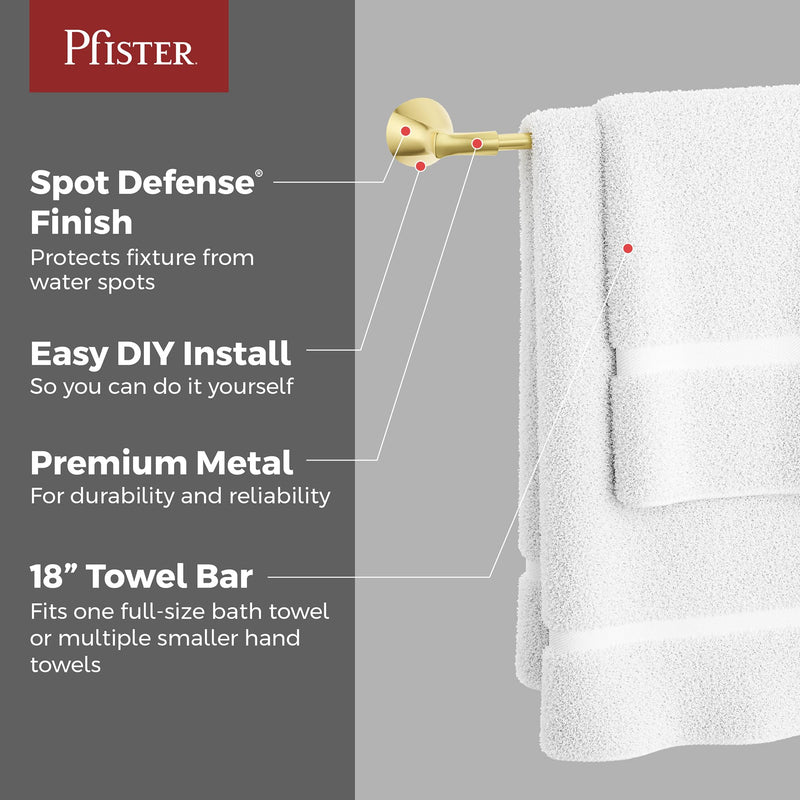 Pfister Willa Bath Towel Bar for Bathroom, 24-Inch, Wall-Mounted, Screw-in, Polished Chrome Finish, BTBWLL2C Brushed Gold 1 Pack Towel Bar 18"
