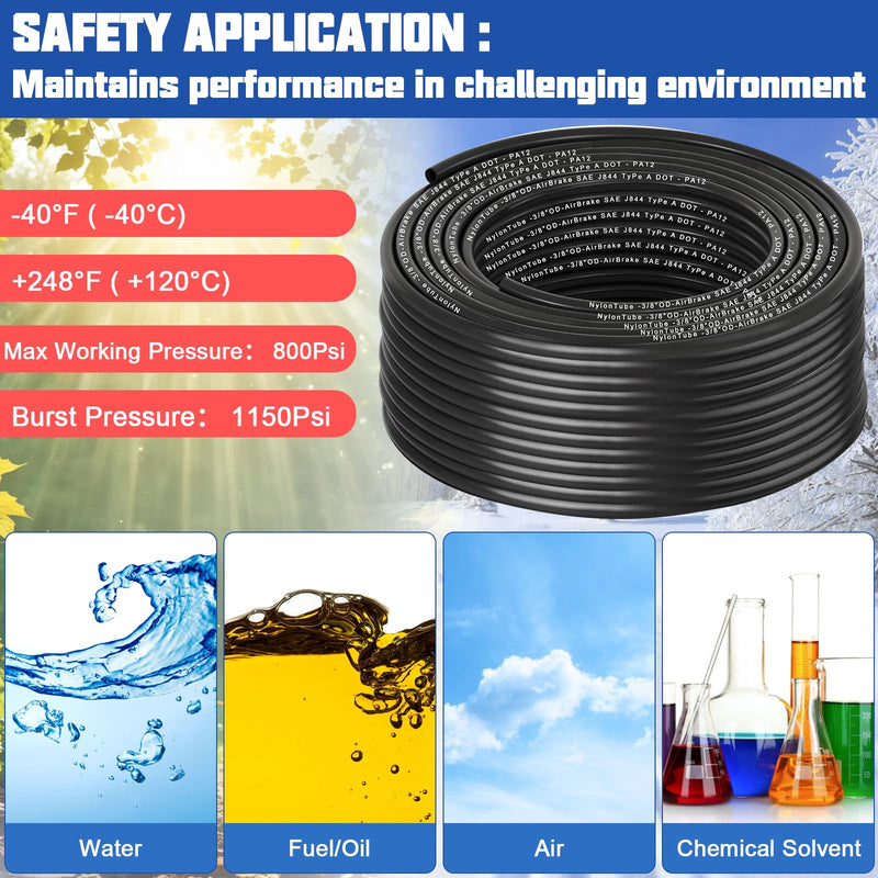 3/8" OD x 50FT DOT Air Line Black SAE J 844 PA12 Nylon Air Brake Tubing with Cutter and Teflon Tape, Pneumatic Nylon Air Line Hose for Semi Truck Trailer Air Brake System & Fluid Transfer 50FT-3/8"OD