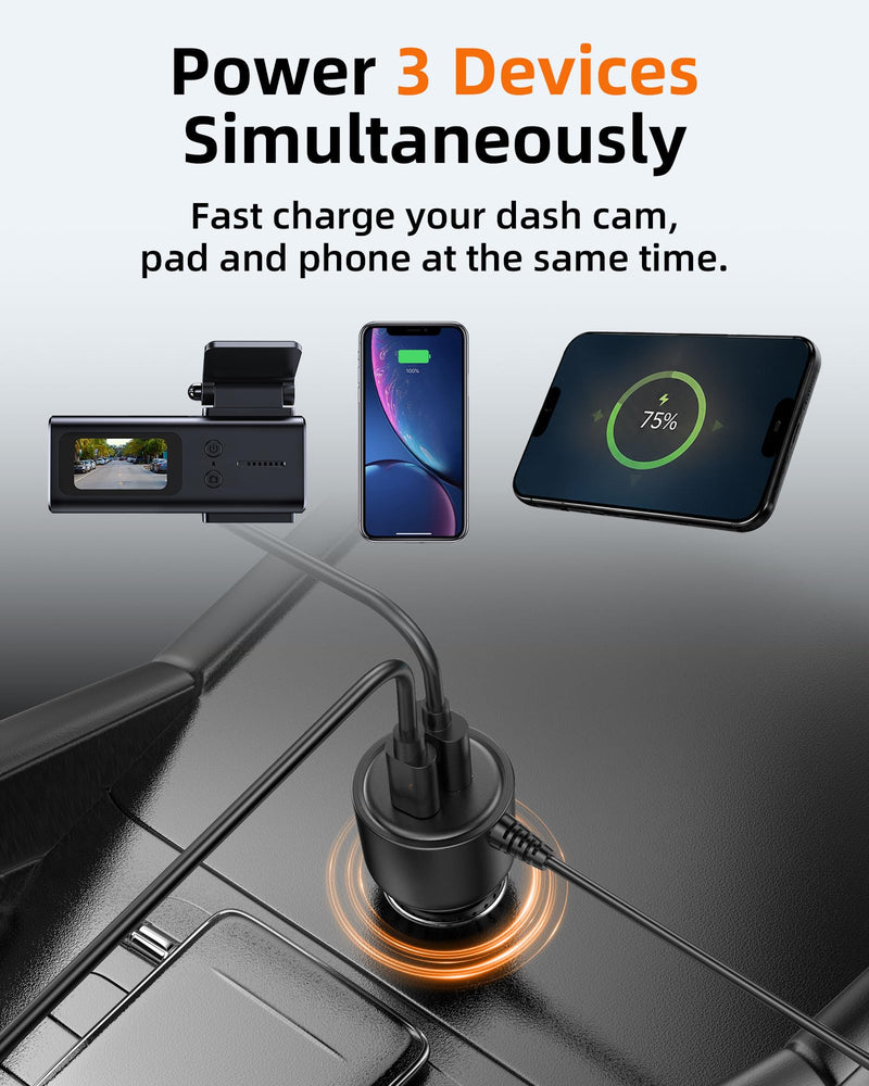Dash Cam Power Cord USB C – 11.5FT Dashcam Power Adapter with Dual Ports Fast Charging, Compatible with Redtiger, Wolfbox, Vantrue, Viofo, TERUNSOUL and Most Dash Cameras
