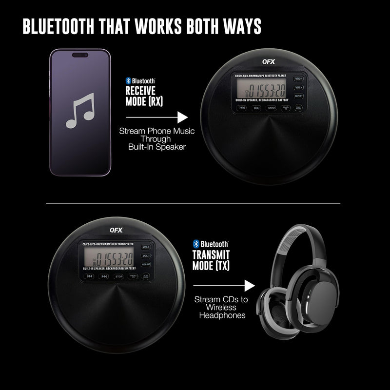 QFX Portable CD Player with Bluetooth and Built-in Speaker, RETRO-30 | 8-Hour Battery, Anti-Shock, Plays CD/CD-R/MP3-CD, Rechargeable Disc Player for Home and Travel, Earphones Included