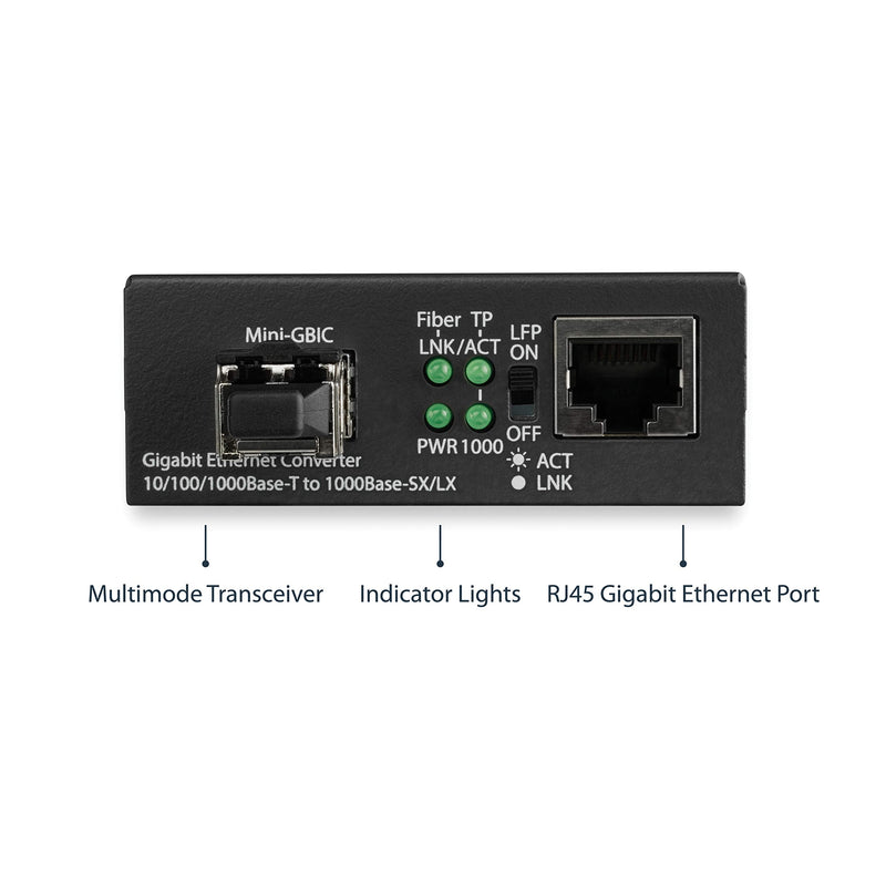 StarTech.com Multimode (MM) LC Fiber Media Converter for 10/100/1000 Network - 550m - Gigabit Ethernet - 850nm - with SFP Transceiver, TAA (MCM1110MMLC) 1" x 2.8" x 3.7" No Chassis Mount