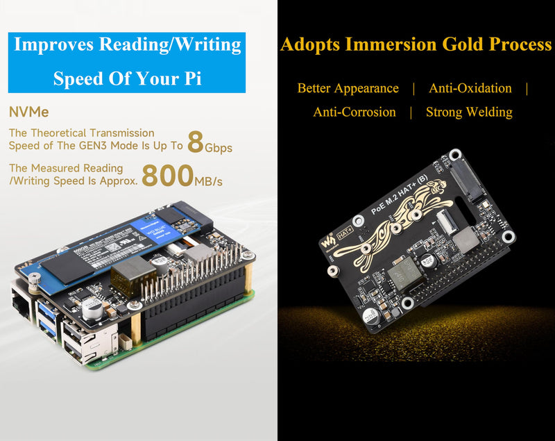 PCIe to M.2 Adapter with PoE Function Compatible with Raspberry Pi 5, Pi 5 NVMe PoE HAT+ Support NVMe M.2 Solid State Drive SSD 2230/2242/2260/2280, High-Speed Reading/Writing