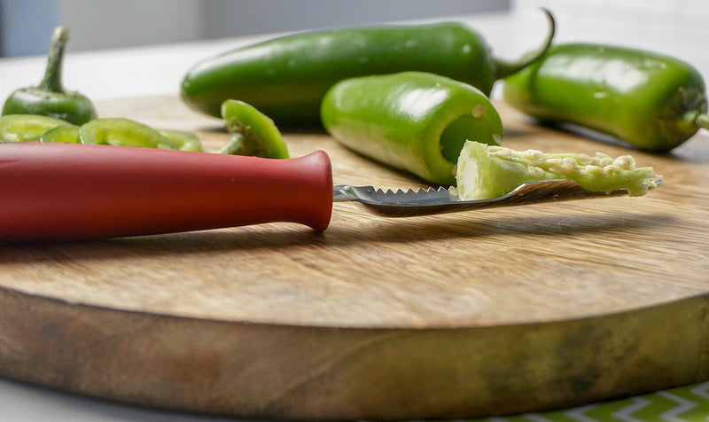 RSVP International Endurance Collection Vegetable Core & Seed Remover, Tomato, Zucchini, Jalapeno Pepper Corer Tool, Dishwasher Safe, 8.25" Overall Length, Stainless Steel Blade, Red Handle