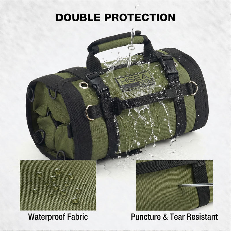 HISEA Roll Up Tool Bag, Heavy Duty Tool Storage Large-Capacity, 27"*14" Portable Tools Organizer with Utility Detachable Pouches, Waterproof Tool Roll Bag for Mechanic, Electrician, Gifts Green 14inch