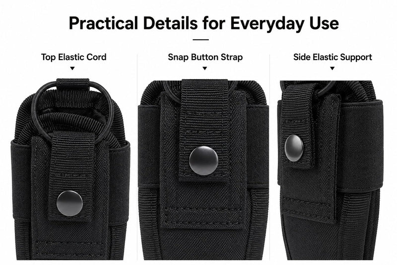 Walkie Talkie Radio Pouch, Black Two Way Radio Holder Case with Snap Button Strap and Elastic Cord, Compact Carry Pouch for Security Patrol, Warehouse, Outdoor Hiking, Event Staff