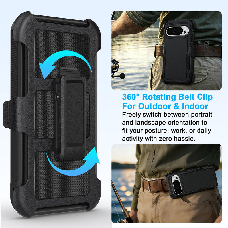 2 in 1 Case for Google Pixel 9 10 Pro with Belt Clip Defender, Heavy Duty Shockproof Holster with 360 Rotating Kickstand