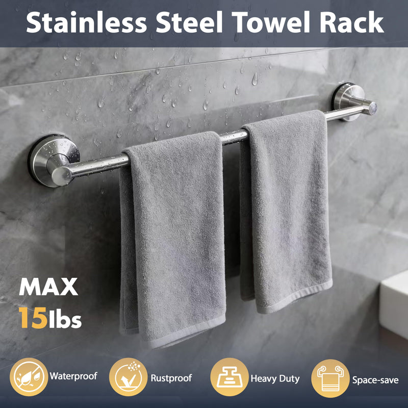 No-Drill Stainless Steel Suction Cup Towel Bar, Adjustable 14.6–24 Inch Bathroom Towel Rack for Glass Shower Door & Tile Wall, Heavy Duty Wall Mounted Towel Holder(Silver) Silver