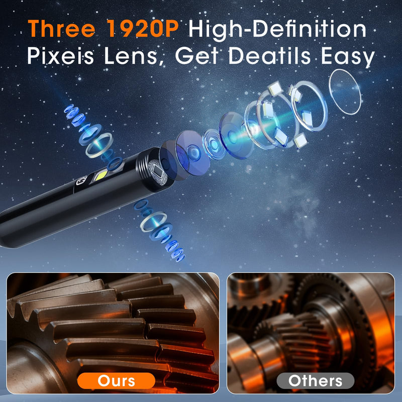 Endoscope Camera with Light, 5" IPS 1920P HD Borescope with Triple Lens, Inspection Borescope with 16.4FT Semi-Rigid Snake Cable and 32GB Card, IP67 Waterproof Drain Camera for Sewer/Pipe/Automotive
