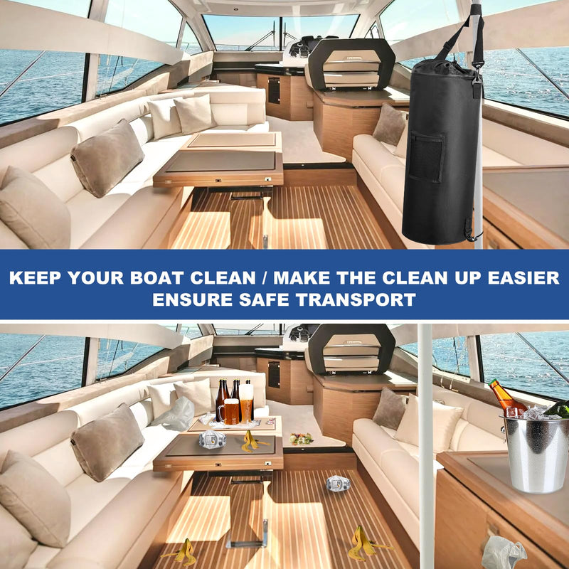 Waterproof Boat Trash Can with 6 Clips, 13 Gal Boat Trash Bag Holder with Pocket, Reusable Fast Cleaning Pontoon Boat Accessories, Marine Boat Garbage Can for Fishing, Sandbar, or Camping Black