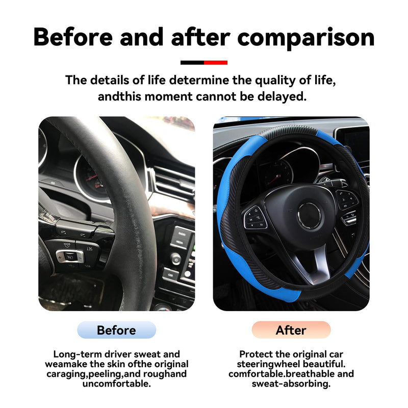 Car Steering Wheel Cover, 15 inch Carbon Fiber Microfiber PU Leather Elastic Steering Wheel Protector for Men Women, Anti-Slip Breathable Car Interior Accessories for Most Cars (Blue) Blue