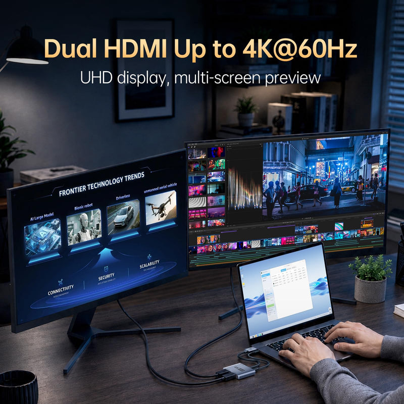DisplayPort to Dual HDMI Adapter 4K60Hz Display DP 1.4 to 2 HDMI Monitor | Enjoy dual 4K@60Hz output with two HDMI monitors simultaneously supports 2K@120Hz, 1080p@120Hz, HDR, and USB-powered