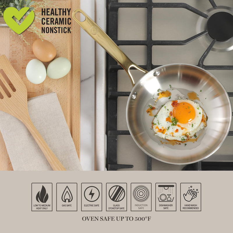 Martha Stewart Castelle 8-Inch Stainless Steel Frying Pan with Gold-Tone Handle – Tri-Ply Encapsulated Bottom, Oven Safe & Induction Safe Skillet for Searing and Sautéing Stainless Steel W/ Gold Handle 8" Frying Pan
