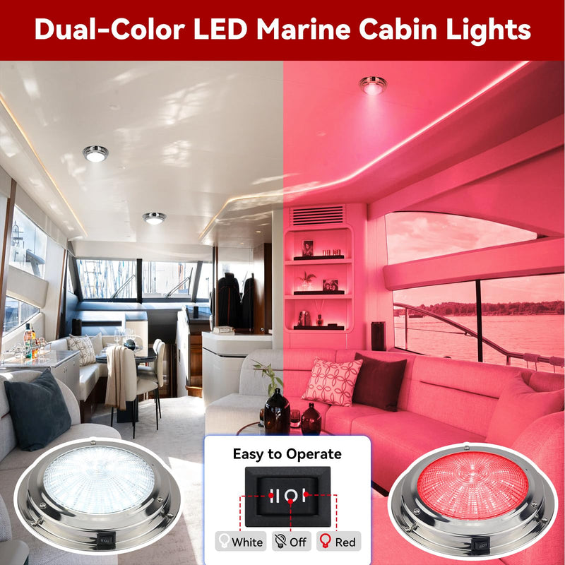 Marine Boat Dome Light, 5.5 Inch Dual Color LED Marine Interior Light with Toggle Switch, 12V Boat Cabin Light with Stainless Steel Surface Mount, White and Red White&Red -Dia 5.5 Inch