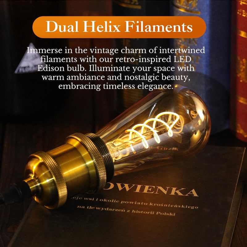 ST64 LED E26 Vintage Edison Light Bulbs, Light Amber Glass, Dimmable, 4W(40W Equivalent) 300 Lumens, 2500K Warm White, Spiral Filaments Design, Antique Style, 25000 Hrs, 4-Pack Light Amber-2500k 4 Pack