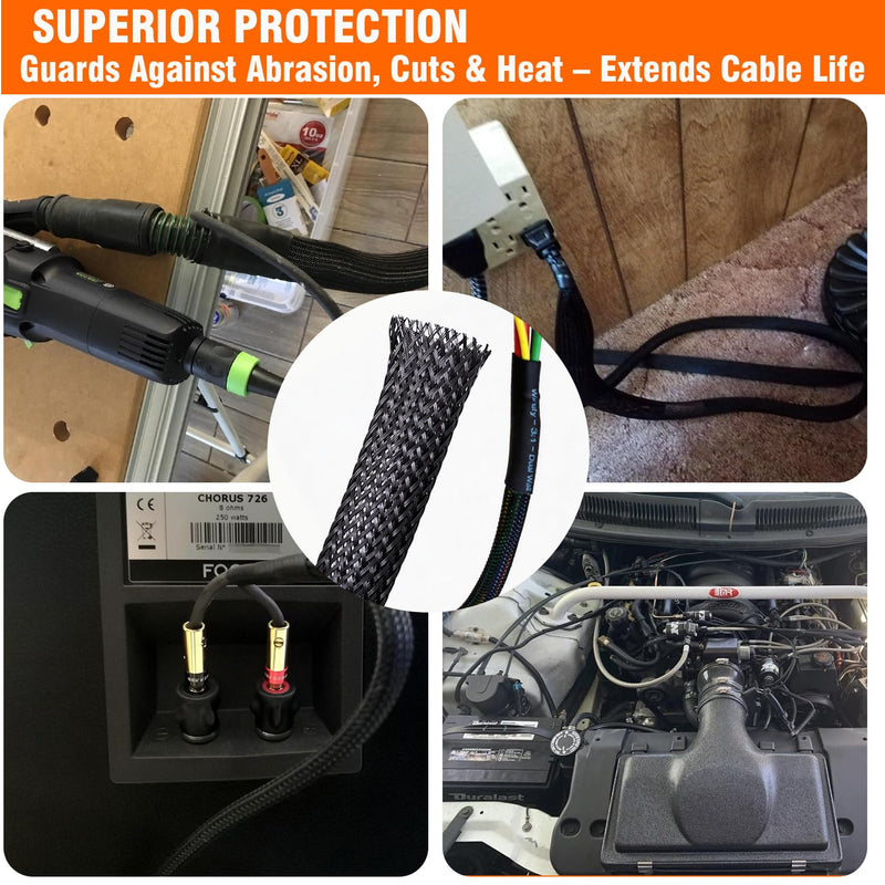 60ft – 1/4 inch & 1/2 inch PET Expandable Braided Cable Sleeve – Black – Wire Loom for Automotive, Audio, Video, Home Theater & Office Cable Management (Black, 1/4inch-30ft&1/2inch-30ft)