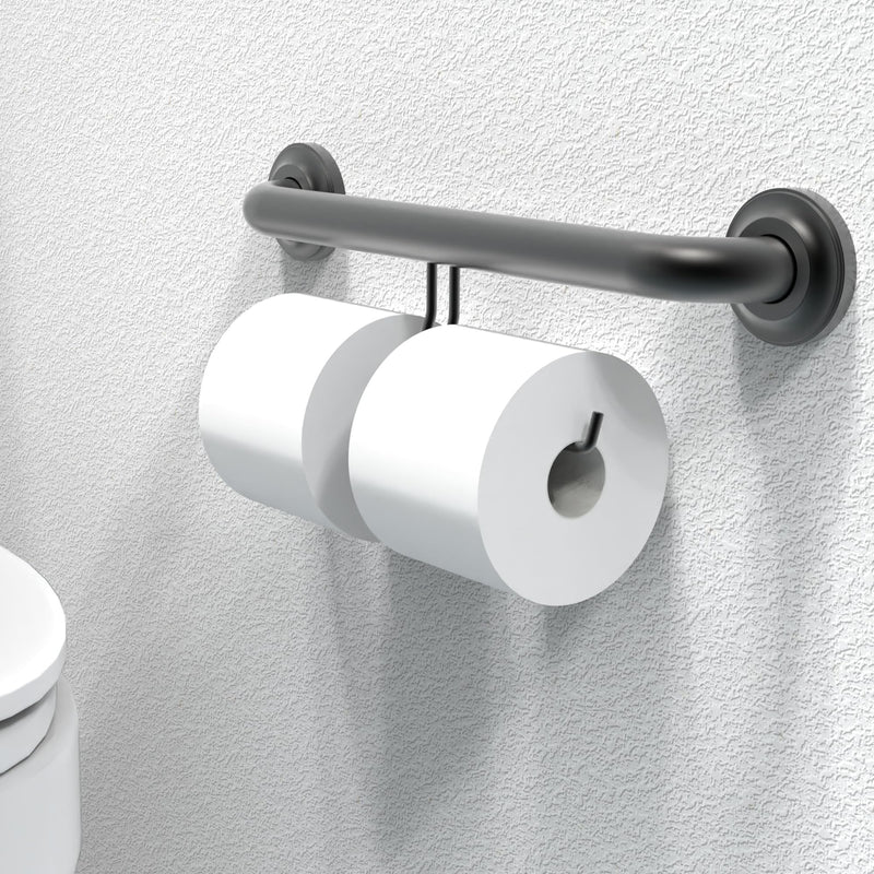 ADA Compliant Grab Bar with Toilet Paper Holder (2 Mega Rolls), 500lbs Weight Support, 1-1/4 x 16 inch for Stud Mount, Matte Black