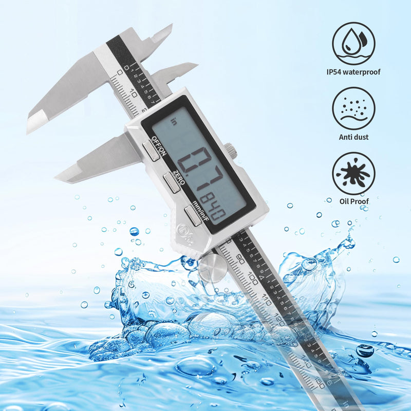 6 inch Stainless Steel Digital Caliper (IP54) & Stainless Steel Rule Set, Easy Switch from Inch/Metric/Fraction, Splash-Proof Protection with Large LCD Display – DIY/Household IP54 6"