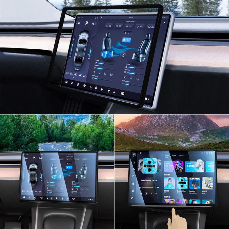 2PCS Protector Trim Frame Compatible with Tesla Model 3 Y 2020-2024 2025 2026 Screen Edge Frame Rearview Mirror Cover Interior Decorations Center Console Decor Highland Juniper Accessories Set (Black) Black