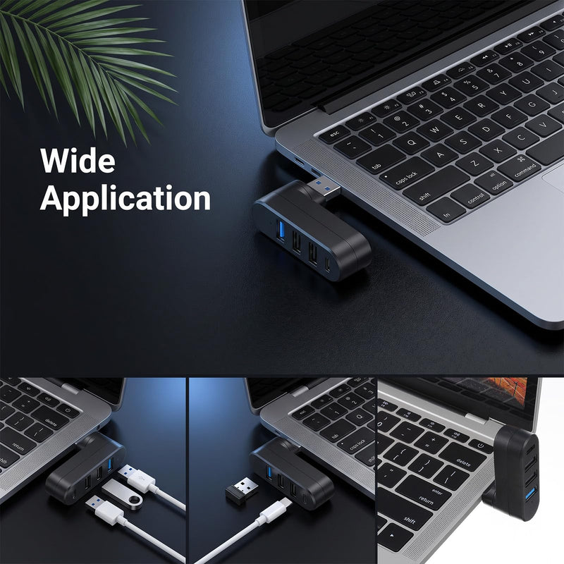 4 Ports USB Hub for Car [90°/180° Rotatable], USB3.0 Hub with 1 USB 3.0 Port, 2 USB2.0 Ports, and 1 USBC Data Port, USBPort Hubs for Laptop, Car, Keyboard, Printer and More