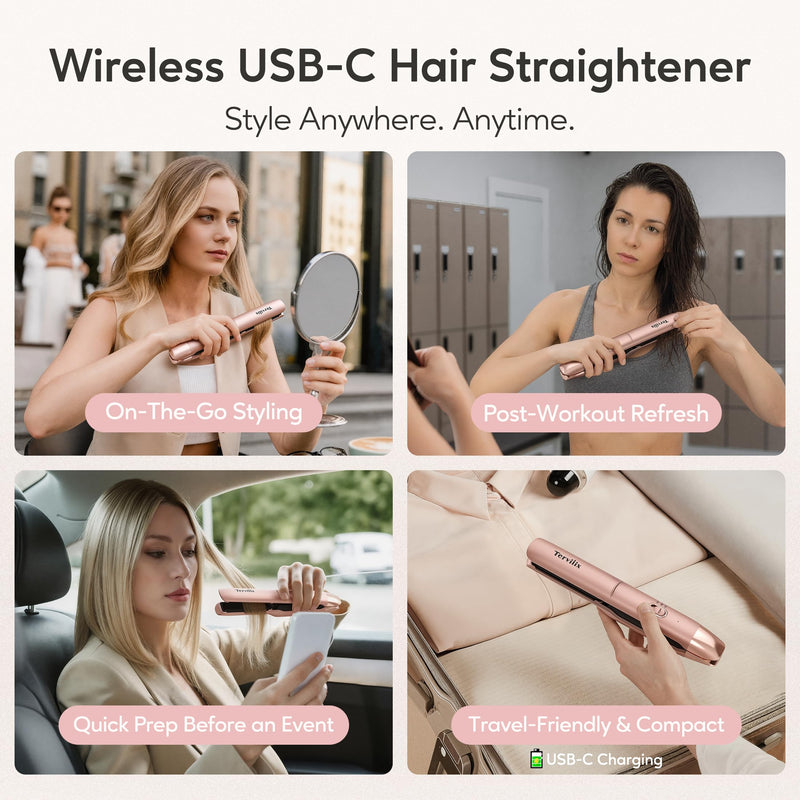 Terviiix Portable Cordless Hair Straighteners, Mini Flat Iron for Travel, 190°C-220°C, Rechargeable Mini Hair Straighteners & Curler 2 in 1 with Argan Oil Infused, 4500mAh Battery, 40s Fast Heat Up