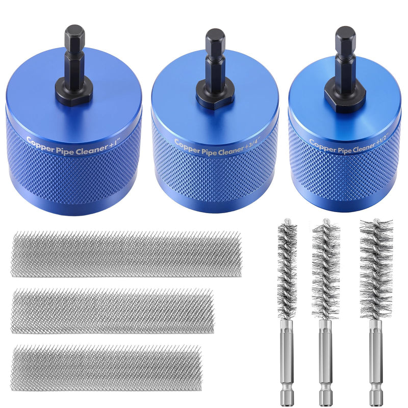 Copper Pipe Cleaner for Drill Set Includes External Stainless Steel Wire Bore Brushes, Internal Tube Cleaning Brushes, Replacement Plumbing Tools (1/2", 3/4", 1",Blue) Blue 1/2", 3/4", 1"