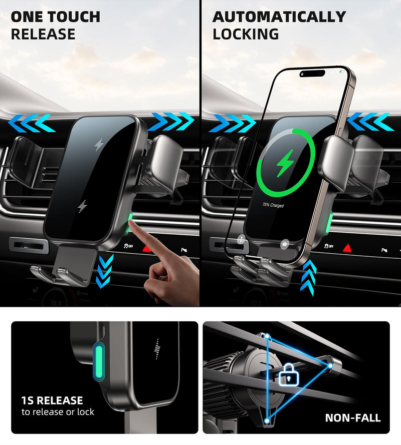 Dual Coil 15W Cup Phone Holder Mount,Wireless Car Charger Auto-Clamping Fast Charging Vent Phone Holders for Your Car for iPhone Series,Samsung Flip S24 S23 S22 Ultra (Grey-Black)