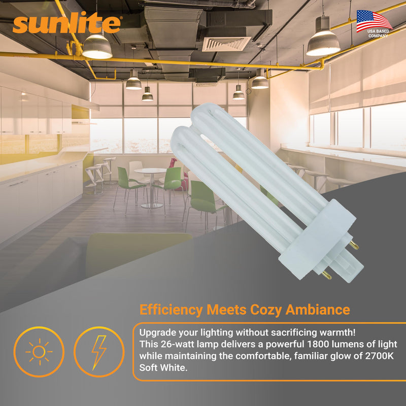 Sunlite PLT26/E/SP Compact Fluorescent Plug-in PLT 4-Pin Triple Tube, 26 Watts, 4-Pin GX24q3 Base, 1800 Lumens, 2700K Soft White, 10 Pack