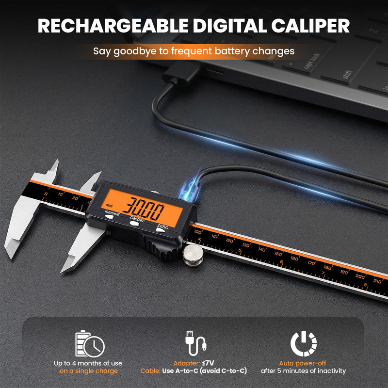 HARDELL Digital Caliper, Rechargeable Caliper Measuring Tool with Large Orange Screen (Non-Backlit) (12 Inch) 12 Inch