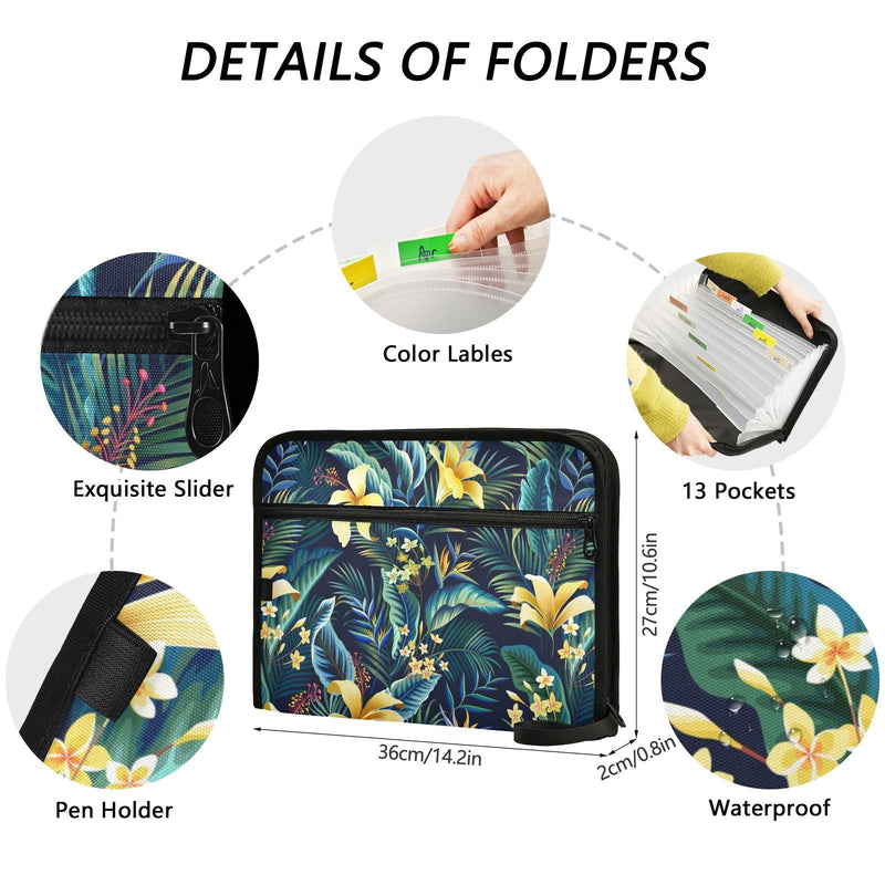 Hibiscus Plumeria Palm File Folders,Plastic Folders with 13 Pockets,Expandable File Folder for Documents School Students Office,Aesthetic Folder with Labels A4 Letter Size Multi 26