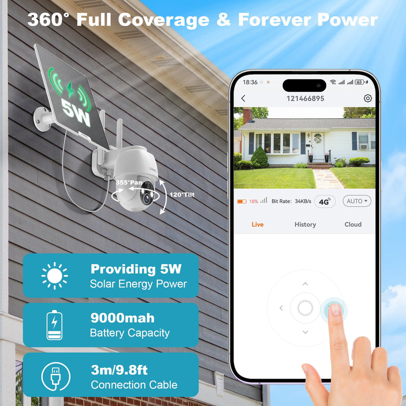 4G LTE Cellular Security Camera, No WiFi Solar Powered Wireless Outdoor Camera with Built in SIM Card, 2K Color Night Vision, 360° Full View, PIR Motion Detection & Siren, 2 Way Talk