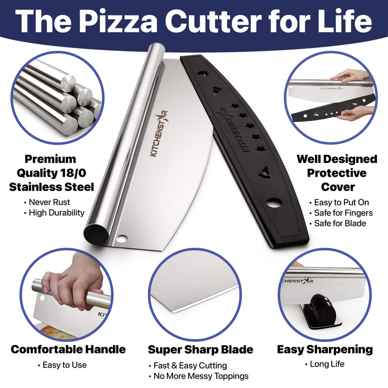 KitchenStar 16-Inch Pizza Cutter Rocker Blade - Sharp Stainless Steel Slicer Knife, Protective Cover, Dishwasher Safe, Large - Professional Pizza Oven Accessories 16 inch a) Silver