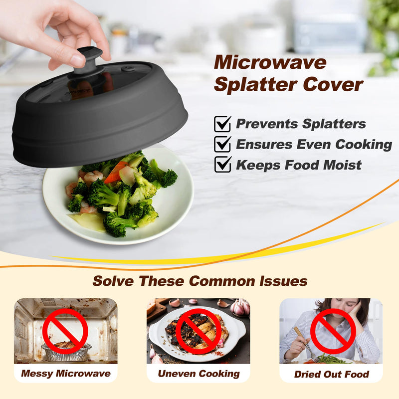 Microwave Splatter cover, Glass Microwave Cover for Food, 10.8 inch Guard Lid with Collapsible Silicone for 6-10 inch Plates & Bowls, Dishwasher Safe, 450°F Heat Resistant, BPA-Free, Black 10.8inch