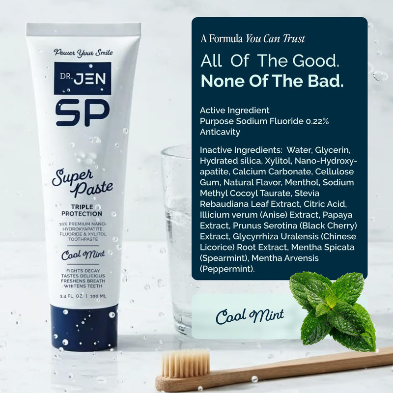 Dr. Jen Super Paste Toothpaste with 10% Premium Nano Hydroxyapatite, Fluoride, Xylitol & Glycerin for Daily Oral Care, Designed for Sensitive Teeth, Vegan, Travel Essentials, Cool Mint Flavor, 1 Pack 3.4 Ounce (Pack of 1)