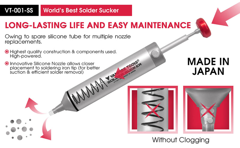 Vampire Tools Solder Sucker Desoldering Pump + 4 Spare Silicone Tubes. Made in Japan. Heat Resistant Silicone Nozzle (max. 350℃). Non Clogging, High-Power Suction. Solder Sucker + 4 Spare Silicone Tubes